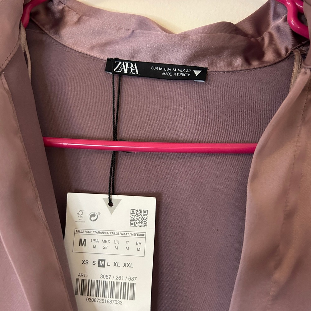 Zara Mauve Pink Satin Twisted Front Mini Shirt Cocktail Dress Small - Picture 14 of 14